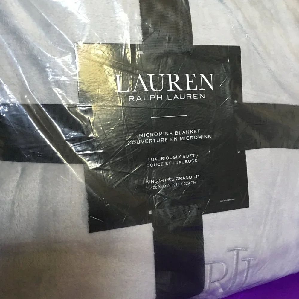 Lauren Ralph Classic KING Grey Soft Plush Blanket Coverlet Gift Bag Set
